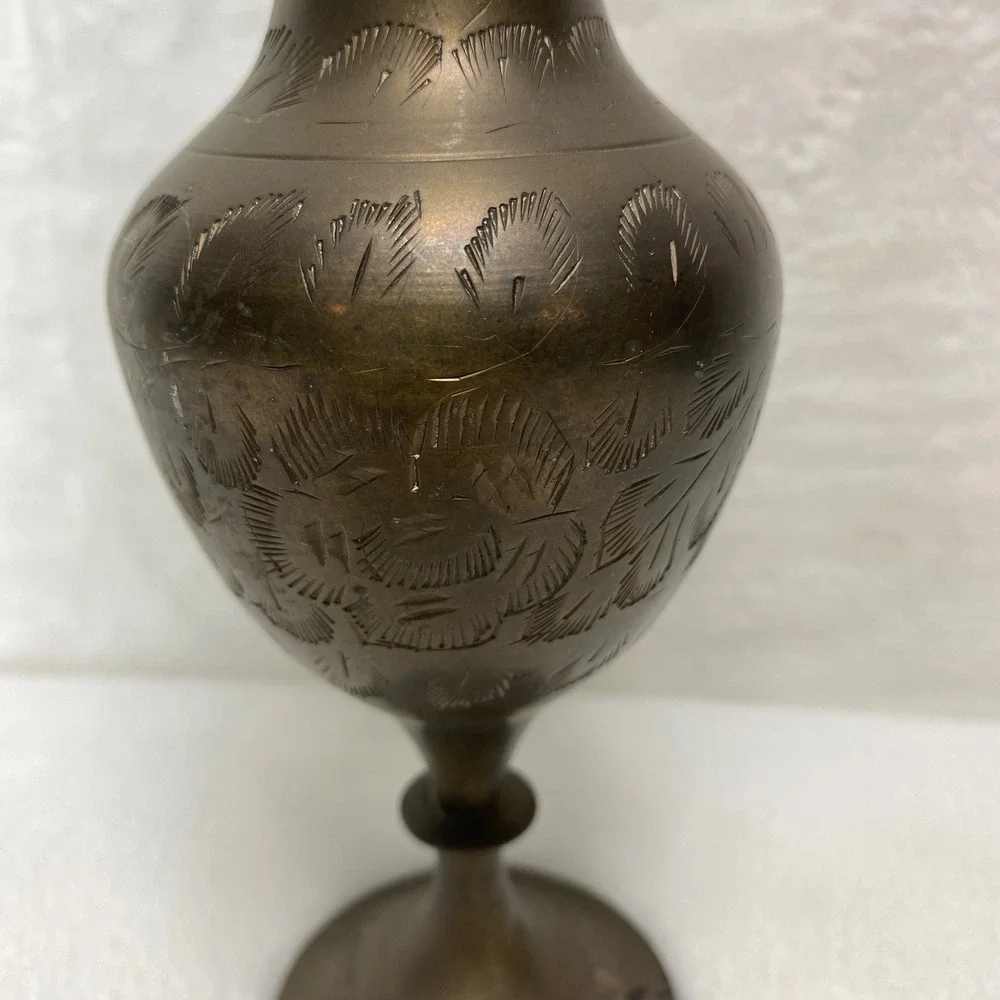 Vintage Brass Vase Etched Floral Design Ornate‎ Trumpet Neck Pedestal Base Decor